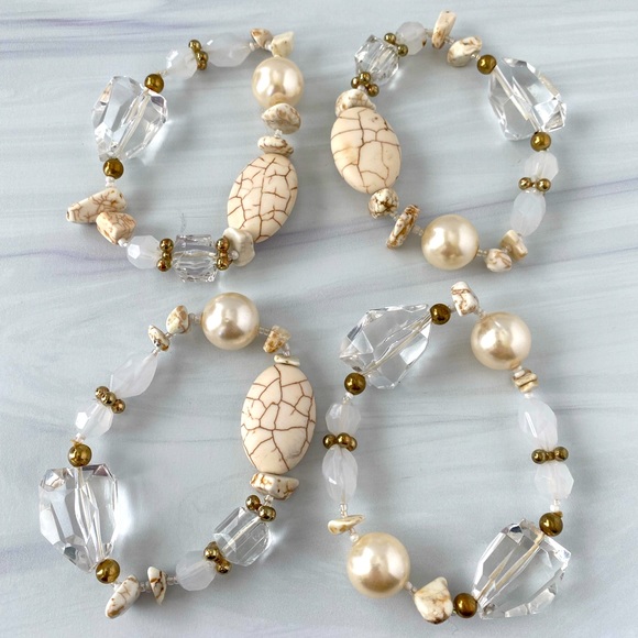 4 Row Layered White Glass Crystal Beaded Stacking Stretch Bracelets - Picture 2 of 2